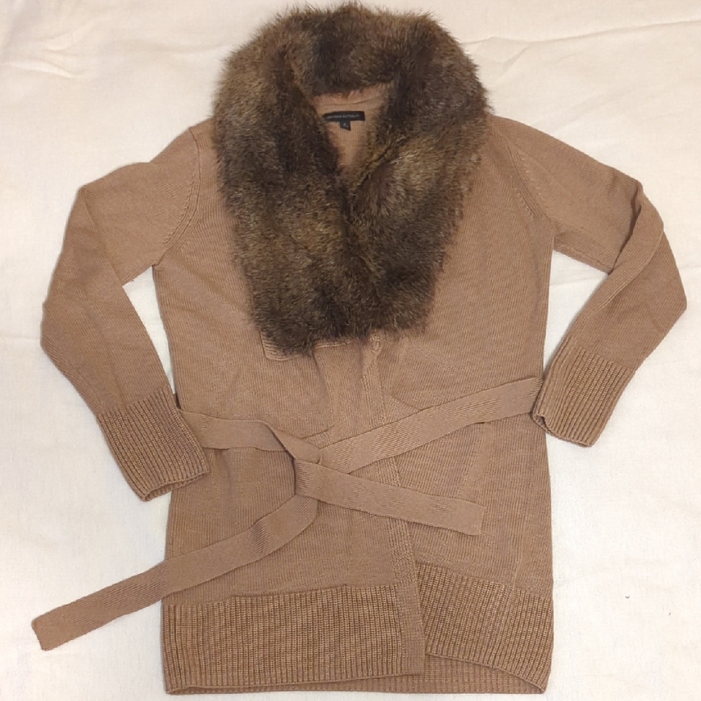 Banana Republic Women's Long Tan Wrap Sweater with Removable Faux Fur Collar